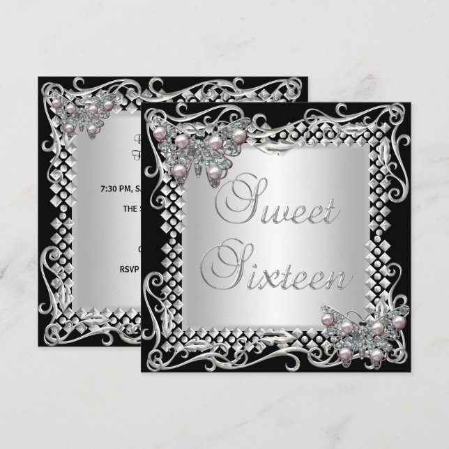 Invitación Cumpleaños Dulces 16 Mariposas Plata Negro (Anverso / Reverso)