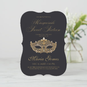 Invitación Cumpleaños Dulces 16 Mascarada de Oro Negro
