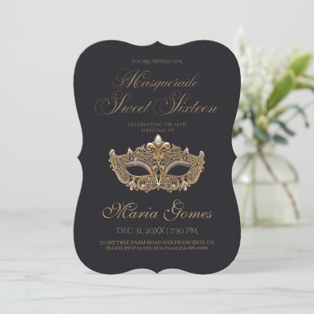 Invitación Cumpleaños Dulces 16 Mascarada de Oro Negro (Anverso de pie)