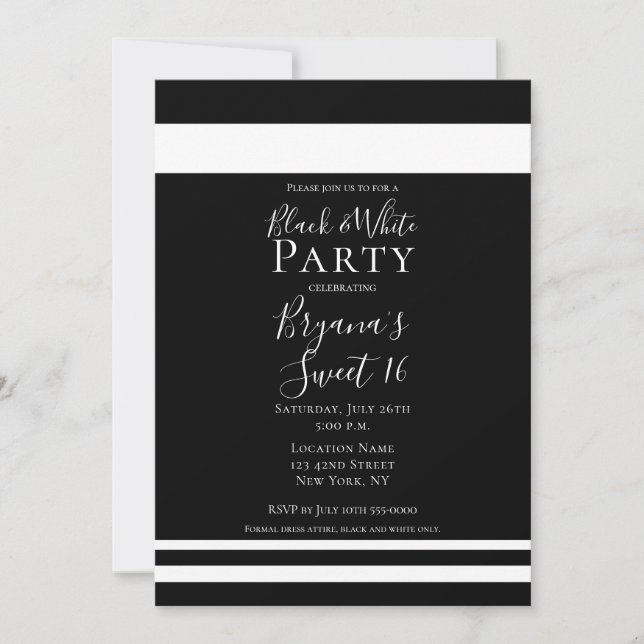 Invitación Cumpleaños Dulces 16 Minimalista Negro y Blanco (Anverso)