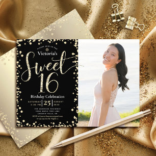 Invitación Cumpleaños Dulces 16 Moderno Dorado Negro Brillo C