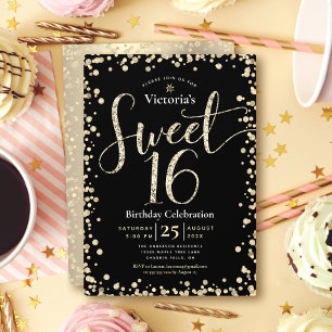 Invitación Cumpleaños Dulces 16 Moderno Dorado Negro Brillo F
