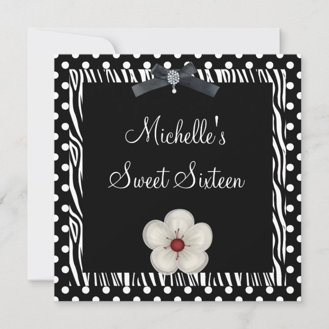 Invitación Cumpleaños Dulces 16 Negro Blanco Flor de Manchas  (Anverso)