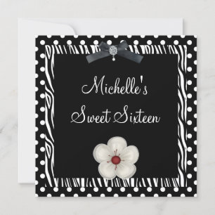 Invitación Cumpleaños Dulces 16 Negro Blanco Flor de Manchas