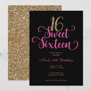 Invitación Cumpleaños Dulces 16 Negros Rosa Brillante Dorado 