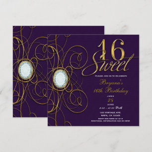 Invitación Cumpleaños Dulces 16 Plum Royal Púrpura y Diamante