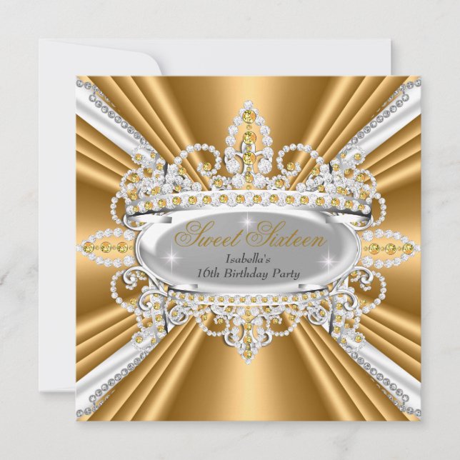 Invitación Cumpleaños Dulces 16 Princesa Oro Diamantes Tiara  (Anverso)