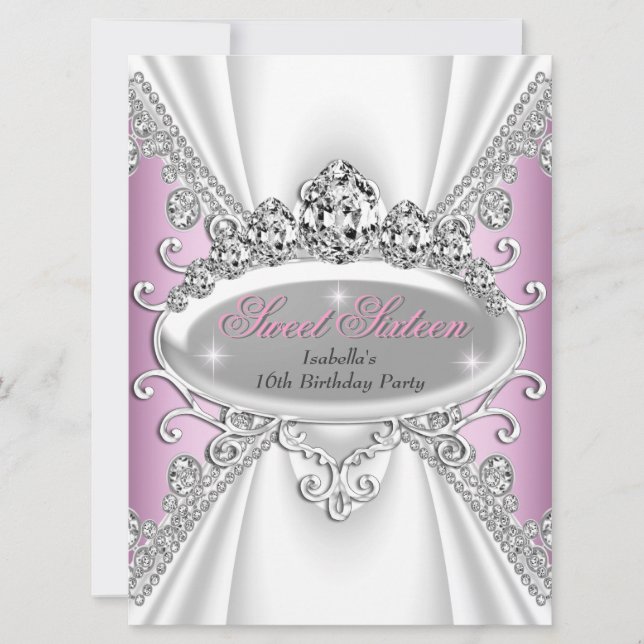 Invitación Cumpleaños Dulces 16 Princesa Rosa Diamantes Grand (Anverso)