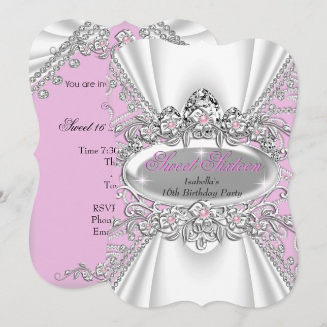 Invitación Cumpleaños Dulces 16 Princesa Tiara Diamantes Rosa (Anverso / Reverso)