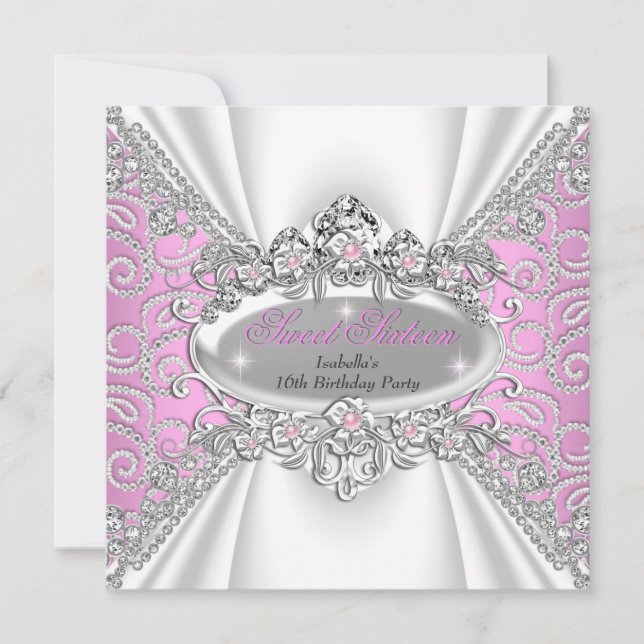 Invitación Cumpleaños Dulces 16 Princesa Tiara Diamantes Rosa (Anverso)