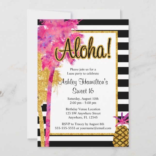Invitación Cumpleaños Dulces 16 Rayas Luau Tropical (Anverso)
