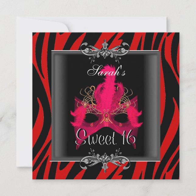 Invitación Cumpleaños Dulces 16 Rojo  Cebra Máscara Negra (Anverso)