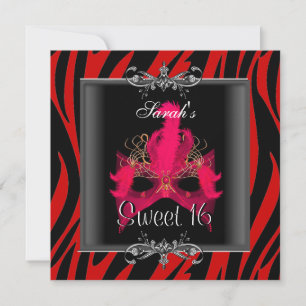 Invitación Cumpleaños Dulces 16 Rojo  Cebra Máscara Negra