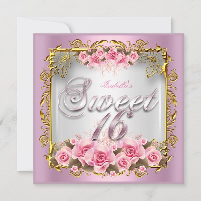 Invitación Cumpleaños Dulces 16 Rosas Rosadas Fiesta de Cumpl (Anverso)
