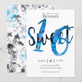 Invitación Cumpleaños Dulces 16 Salpicadura de Plata Azul Neg