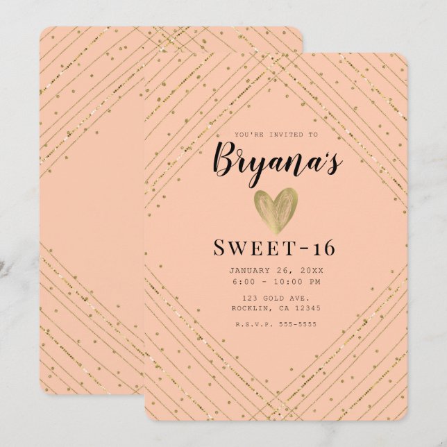Invitación Cumpleaños Dulces 16 Santa Fe Rosa y Dorado Brilla (Anverso / Reverso)