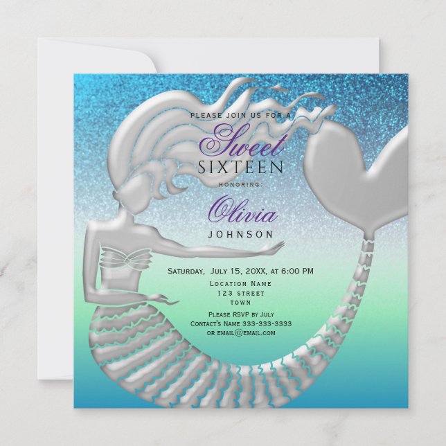 Invitación Cumpleaños Dulces 16 Sirena (Anverso)