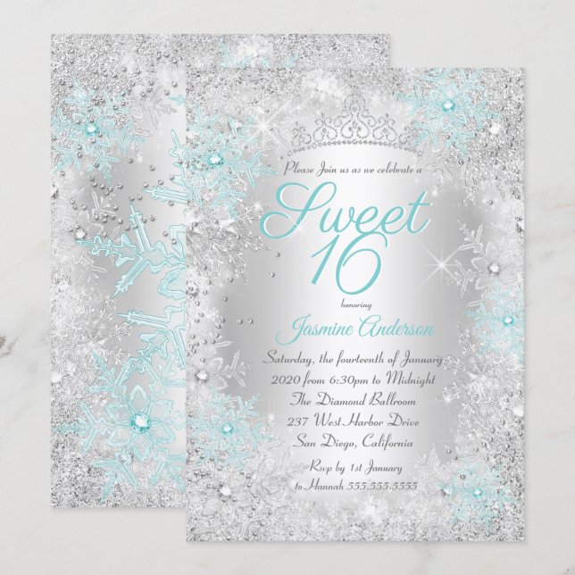 Invitación Cumpleaños Dulces 16 Teal Plata Invierno Mágico (Anverso / Reverso)