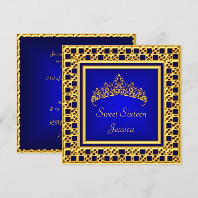Invitación Cumpleaños Dulces 16 Tiara Azul Real Dorado Platea (Anverso / Reverso)