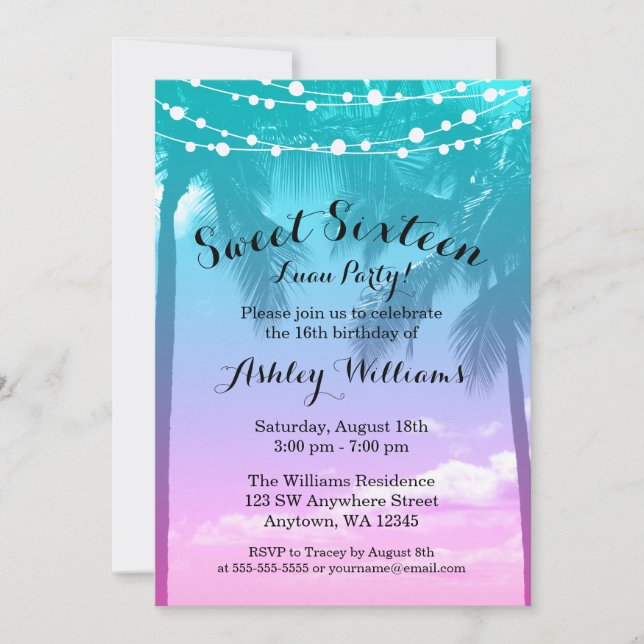 Invitación Cumpleaños Dulces 16 Tropical Luau Verde Azul Rosa (Anverso)