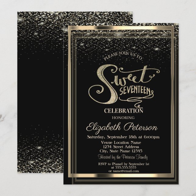 Invitación Cumpleaños Dulces 17 Marco de Oro con Confeti Eleg (Anverso / Reverso)