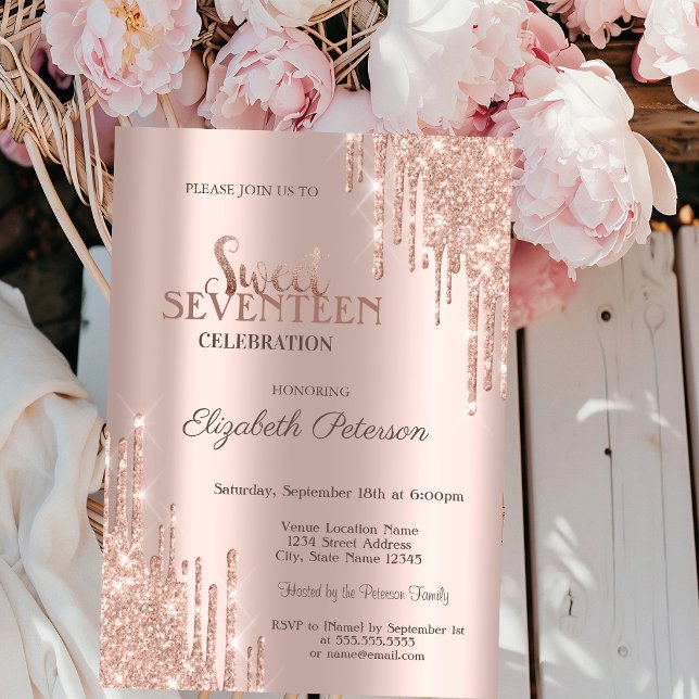 Invitación Cumpleaños Dulces 17 Modernos con Brillo en Rosa D (Subido por el creador)
