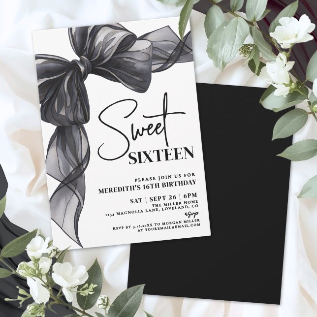 Invitación Cumpleaños Dulces Dieciséis 16 (Black Bow Sweet Sixteen 16th Birthday Invitation)