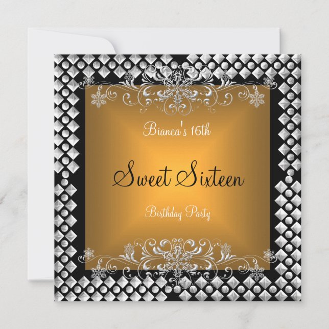 Invitación Cumpleaños Dulces Dieciséis 16 16º Oro Plata Negro (Anverso)