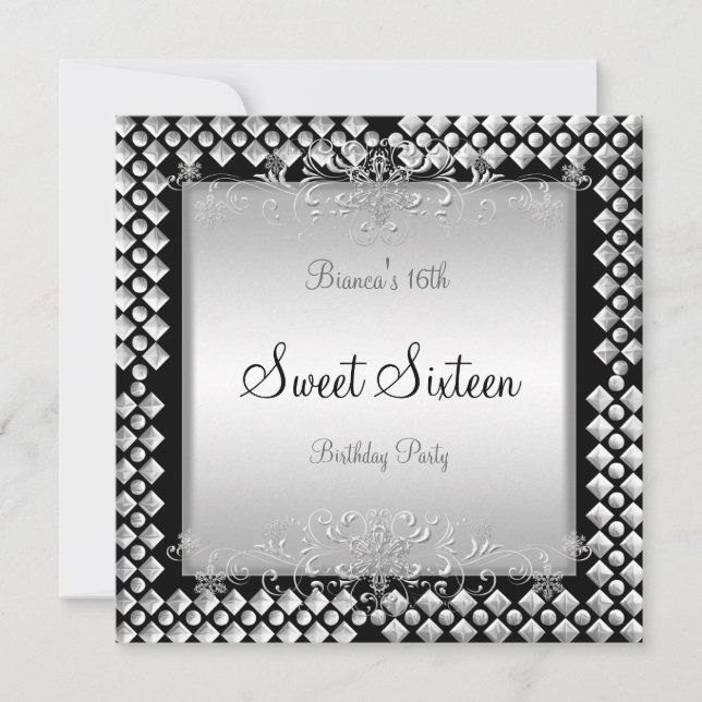 Invitación Cumpleaños Dulces Dieciséis 16 16º Plata Negro (Anverso)