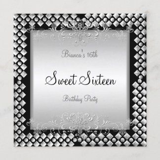 Invitación Cumpleaños Dulces Dieciséis 16 16º Plata Negro