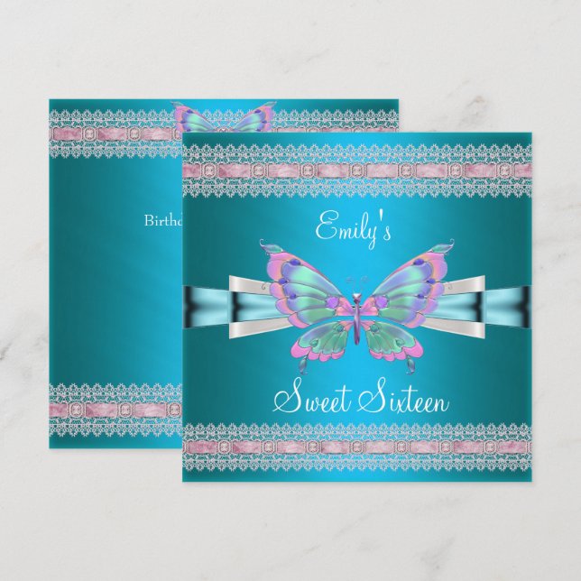 Invitación Cumpleaños Dulces Dieciséis 16 Blanca Azul Teal Ro (Anverso / Reverso)