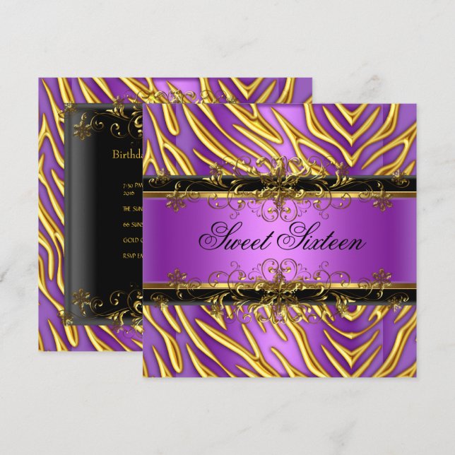 Invitación Cumpleaños Dulces Dieciséis 16 Cebra Morado Dorado (Anverso / Reverso)