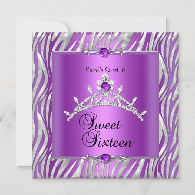 Invitación Cumpleaños Dulces Dieciséis 16 Cebra Morado Plata (Anverso)