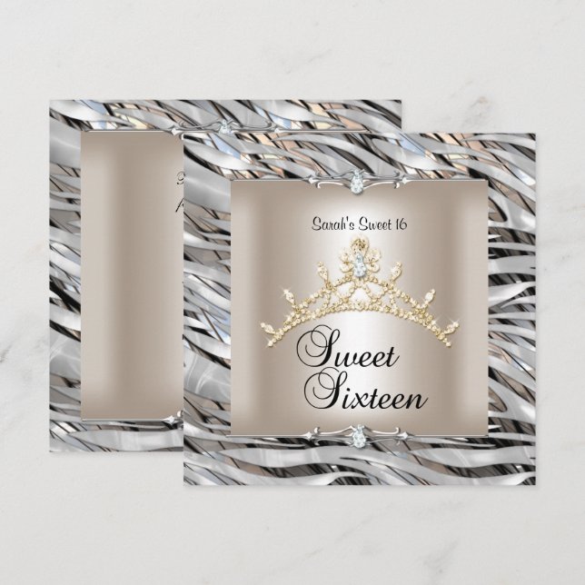 Invitación Cumpleaños Dulces Dieciséis 16 Cebra Plata Negro O (Anverso / Reverso)