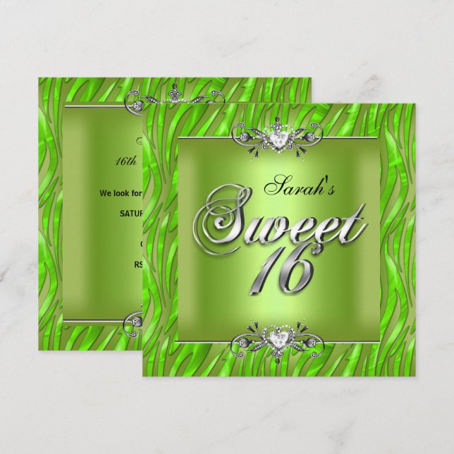 Invitación Cumpleaños Dulces Dieciséis 16 Cebra Verde Lima (Anverso / Reverso)