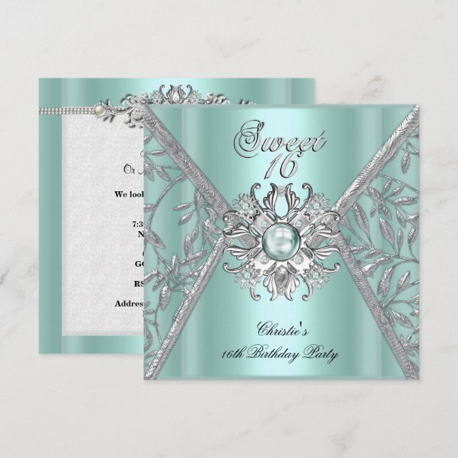 Invitación Cumpleaños Dulces Dieciséis 16 Damask Menta Azul B (Anverso / Reverso)