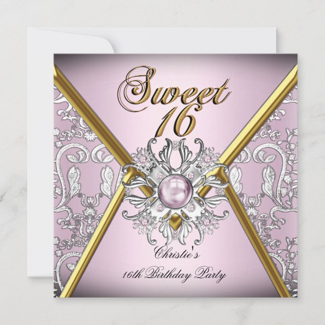 Invitación Cumpleaños Dulces Dieciséis 16 Damask Rosa Oro Bla (Anverso)