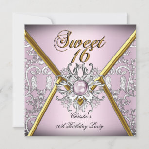 Invitación Cumpleaños Dulces Dieciséis 16 Damask Rosa Oro Bla