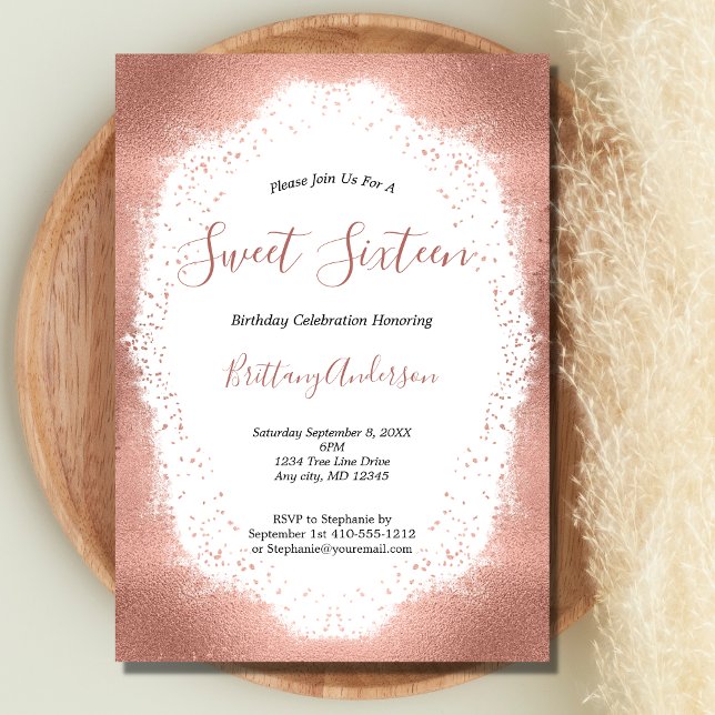 Invitación Cumpleaños Dulces Dieciséis 16 de Rosa Dorado Bril (Rose Gold Glitter Blush Pink Sweet Sixteen 16 Birthday Party Invitation)