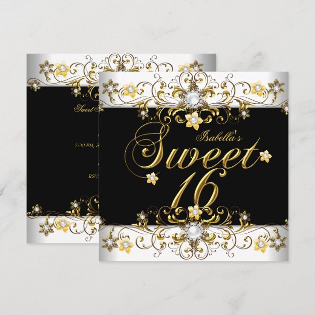 Invitación Cumpleaños Dulces Dieciséis 16 Diamante Dorado Neg (Anverso / Reverso)