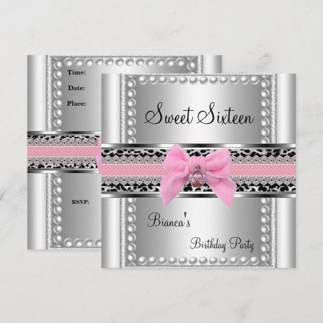 Invitación Cumpleaños Dulces Dieciséis 16 Encaje Rosa Perla P (Anverso / Reverso)