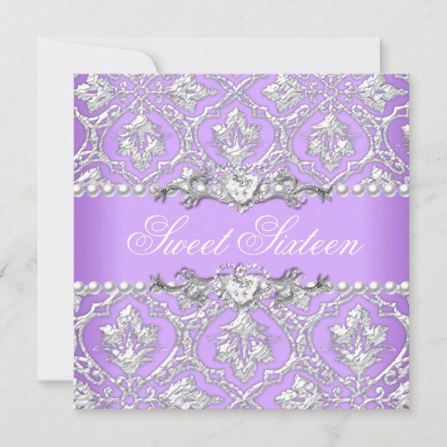 Invitación Cumpleaños Dulces Dieciséis 16 Fiesta Damask Lila (Anverso)