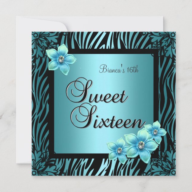Invitación Cumpleaños Dulces Dieciséis 16 Flor Azul negra Pla (Anverso)
