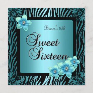 Invitación Cumpleaños Dulces Dieciséis 16 Flor Azul negra Pla