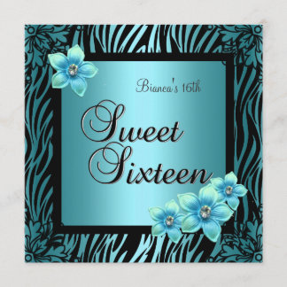 Invitación Cumpleaños Dulces Dieciséis 16 Flor Azul negra Pla