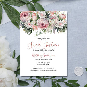 Invitación Cumpleaños Dulces Dieciséis 16 Floral Rosa Blanco