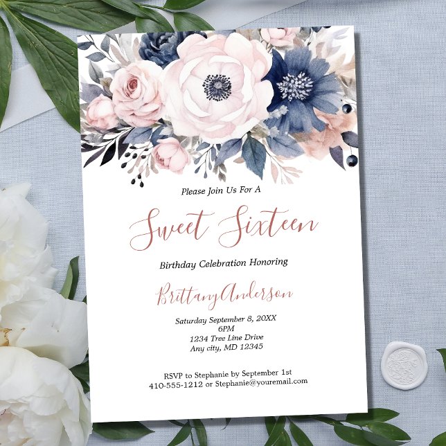 Invitación Cumpleaños Dulces Dieciséis 16 Floral Rosa Blanco  (Pink White Navy blue Floral Sweet Sixteen Birthday Invitation.)