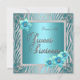Invitación Cumpleaños Dulces Dieciséis 16 Flores Azules Plata