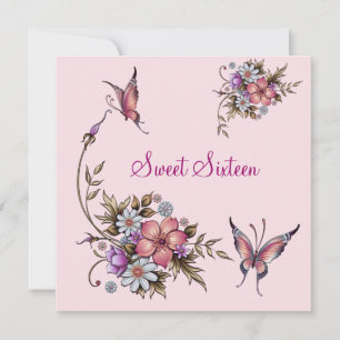 Invitación Cumpleaños Dulces Dieciséis 16 Flores Rosadas Lind