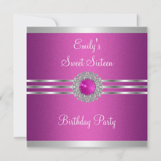 Invitación Cumpleaños Dulces Dieciséis 16 Fuschia Plata Joya (Anverso)